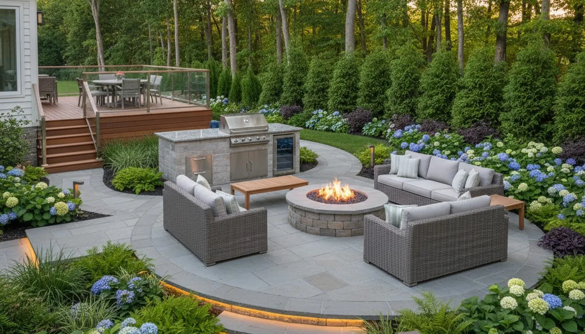 Backyard patio design with lighting and landscaping by Chop Chop Landscaping in Cleveland, OH