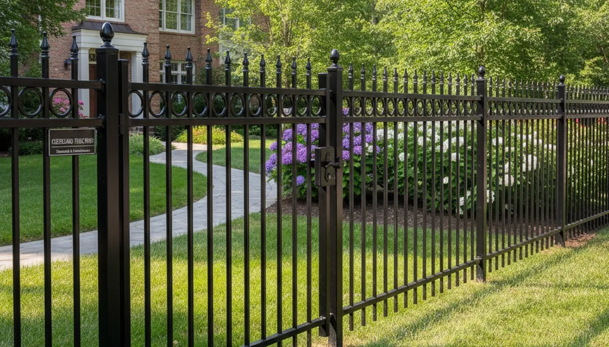 Black ornamental metal fence with scrollwork installed by Chop Chop Landscaping in Cleveland, OH