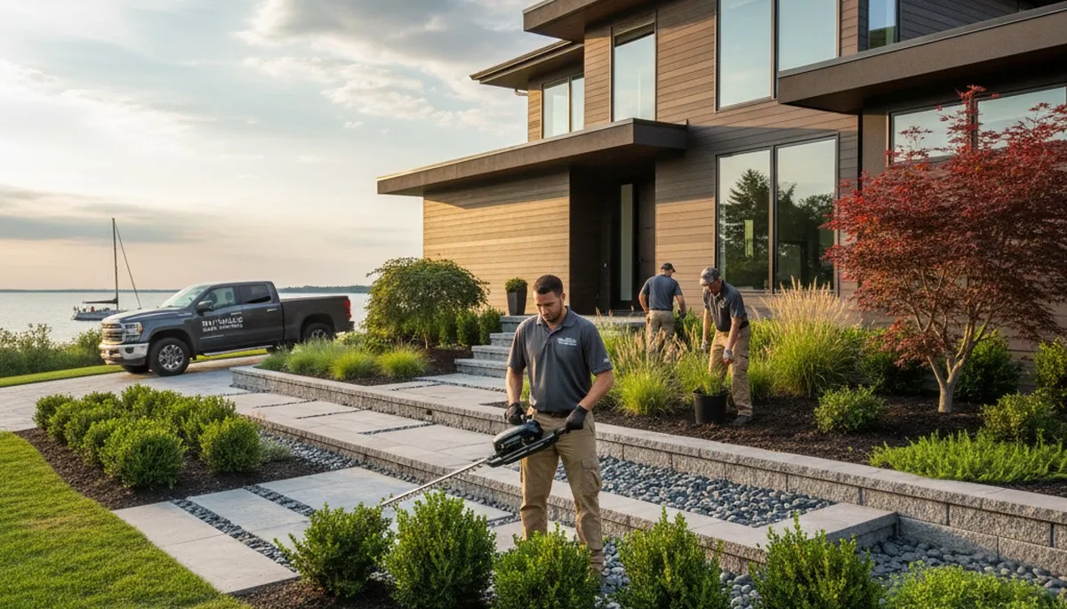Landscaping crew servicing a Cleveland, OH property with professional outdoor maintenance