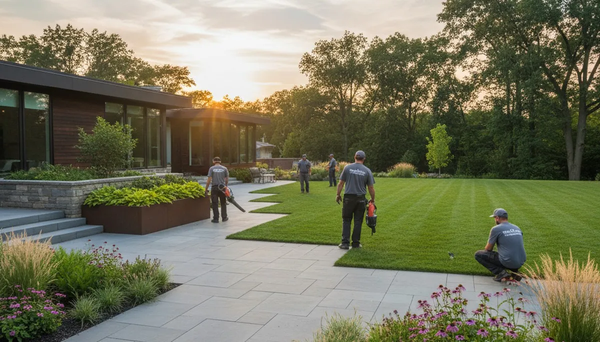 Landscape service team in Cleveland, OH maintaining a residential yard and garden beds