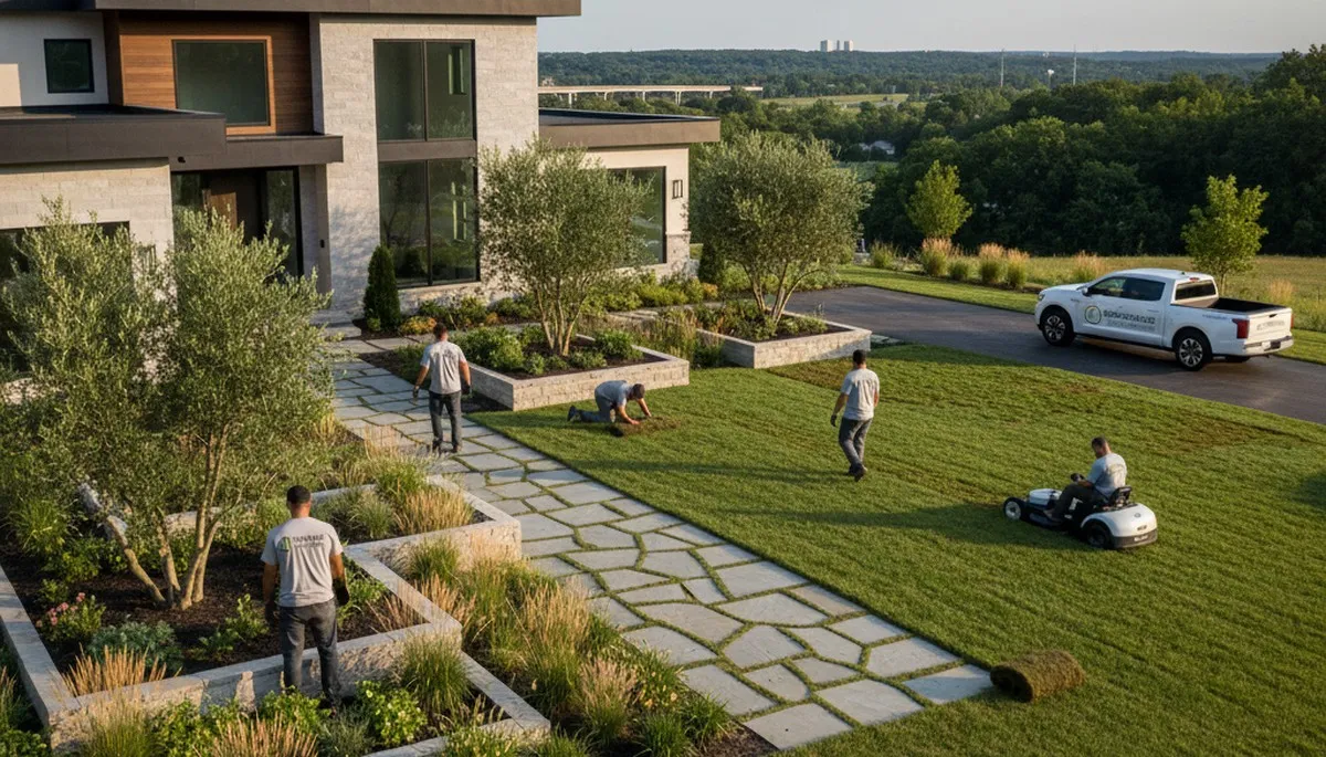 Landscaping crew serving Cleveland, OH with professional lawn and landscape maintenance services