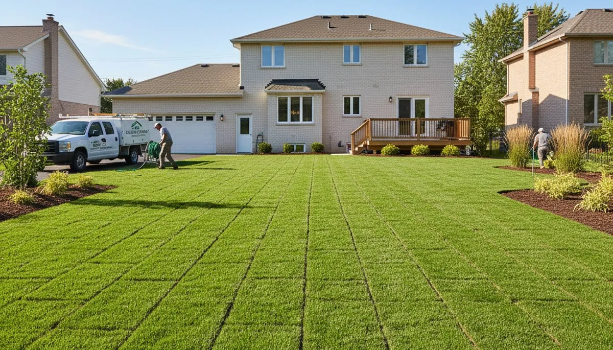 Freshly installed green sod lawn by professional landscapers in Cleveland, OH for instant yard upgrade