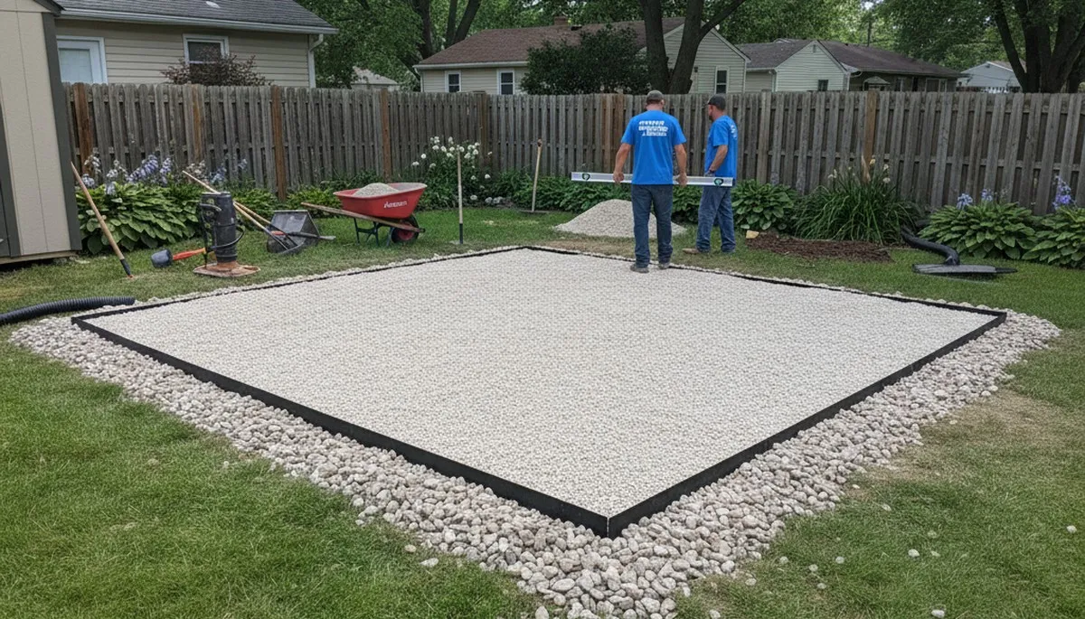 Leveled gravel shed foundation preparation by Chop Chop Landscaping in Cleveland, OH