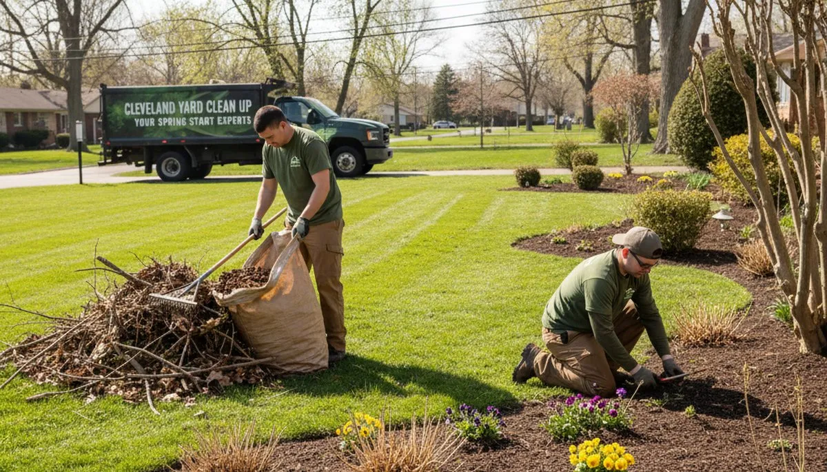 Landscapers clearing winter debris and pruning gardens during spring yard clean up in Cleveland, OH