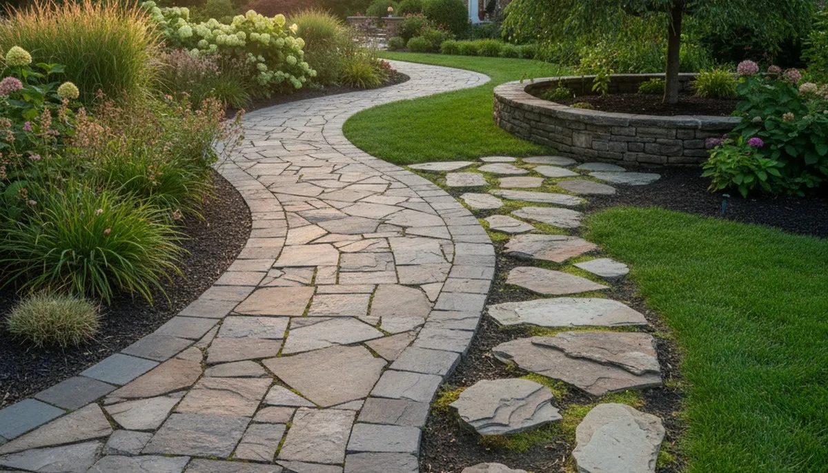 Curved stone paver pathway with natural stones by professional landscapers in Cleveland, OH